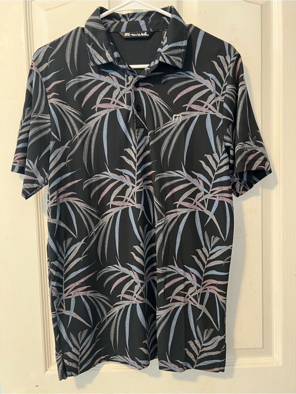 Travis Mathew Buzz Black Palm Tree Leaf Golf Athletic Polo Size M Kaanapali